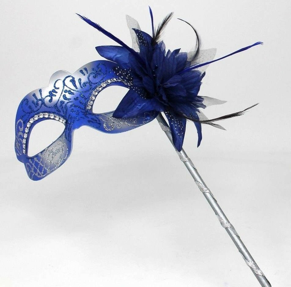 Blue and Silver Diamonte Mask on Stick with Flower