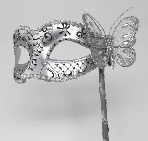 Black and Silver Jewelled Masquerade Prom Party Ball Eye Mask on a Silver Stick with Butterfly Hand Held