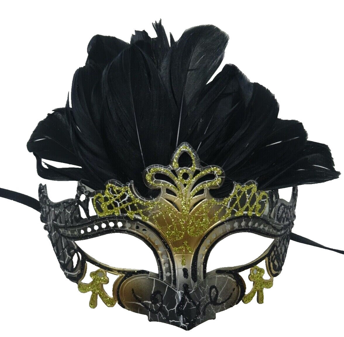 Black and Gold Rialto Masquerade Ball Carnival Party Mask with Feathers
