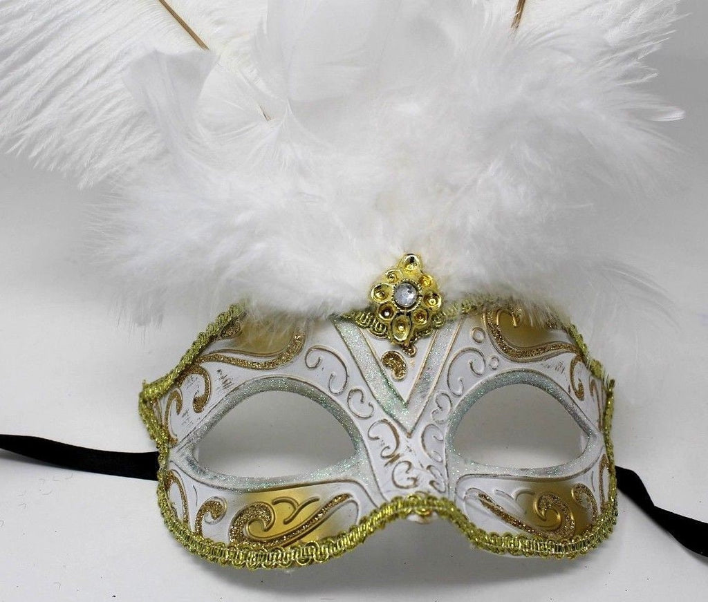 White and Gold Feather Masquerade Mask