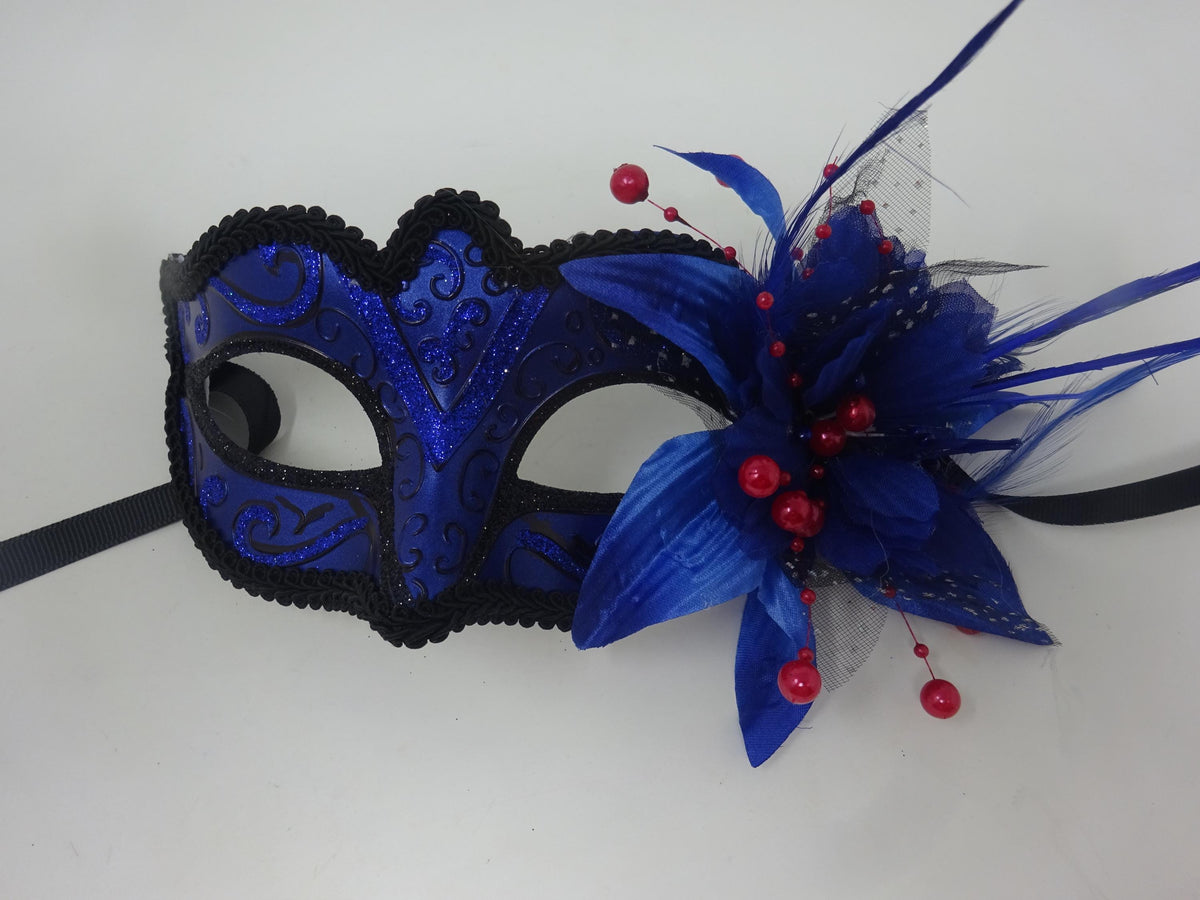 Sparkling Blue and Black Masquerade Ball Party Eye Mask with Flower Feathers and Red Beaded Stamens