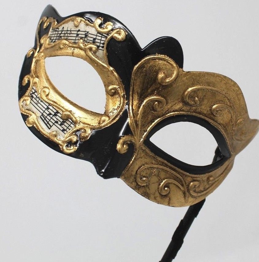 Gold and Black Musical Masquerade Mask for Masked Ball on Stick with Musical Script Notes