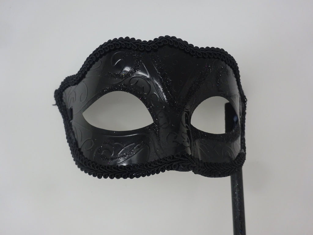 Stunning High Gloss Black Masquerade Mask on a Black Stick