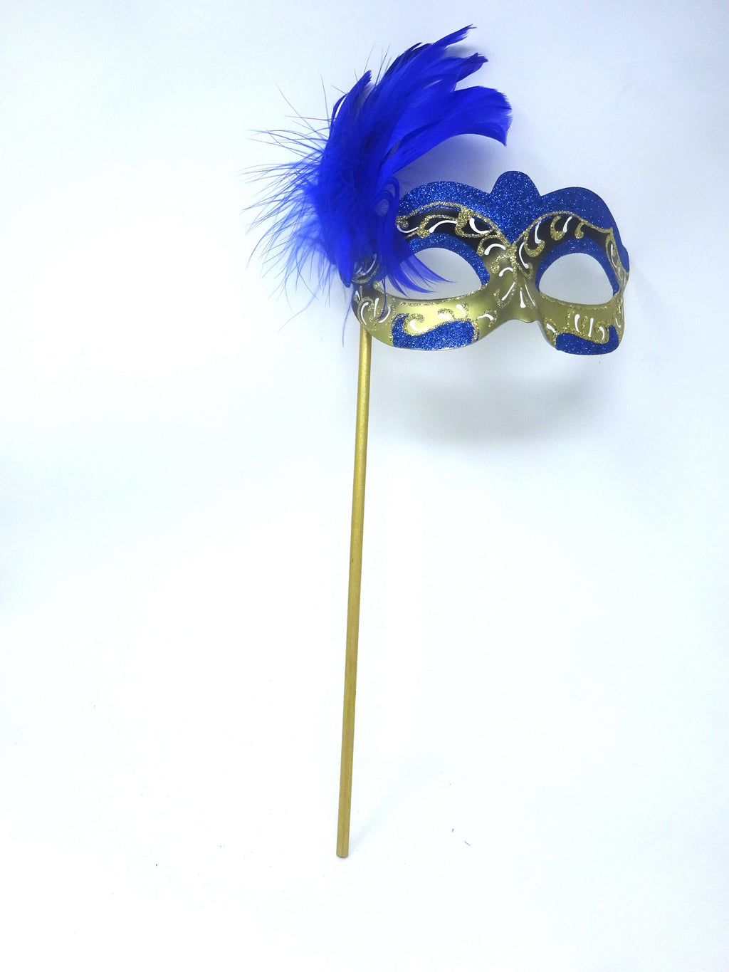 Blue White and Gold Feather Masquerade Party Carnival Ball Eye Mask Hand Held on a Wooden Stick