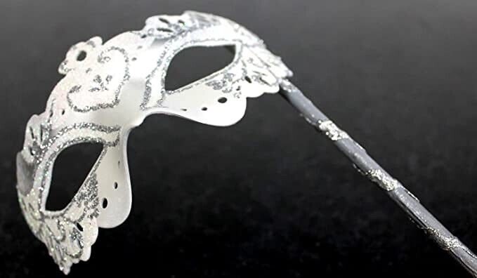 Ladies White and Silver Masquerade Party Carnival Ball Mask Hand Held on a Wooden Stick