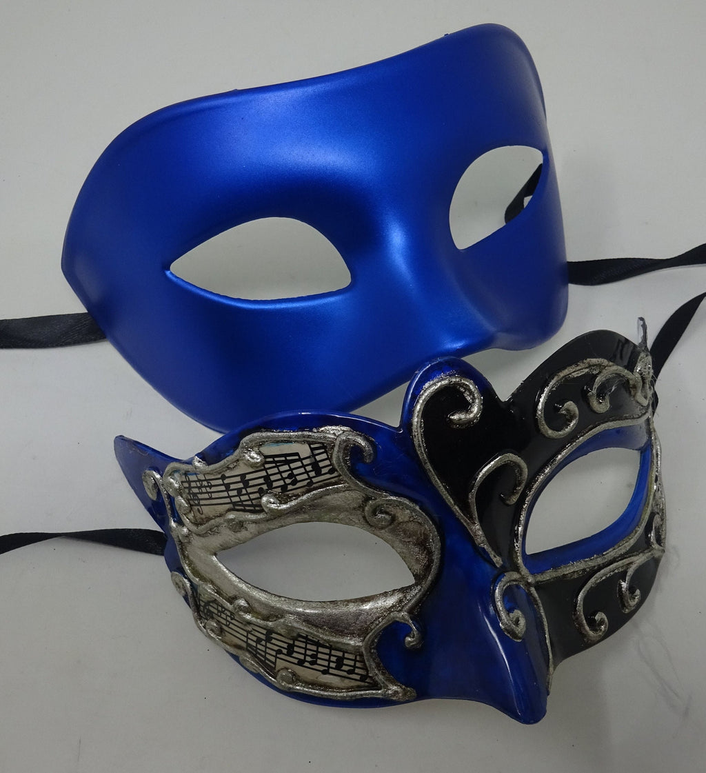 Musical Script Black Silver and Blue His and Hers Couples Pair of Masquerade Party Ball Carnival Masks