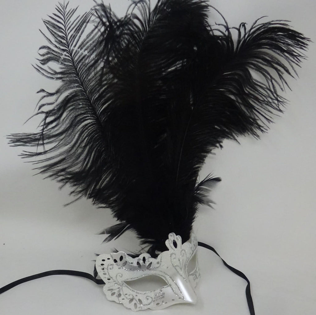 Ladies White & Silver Rialto Long Ostrich Feather Venetian Masquerade Ball Party Prom Eye Mask