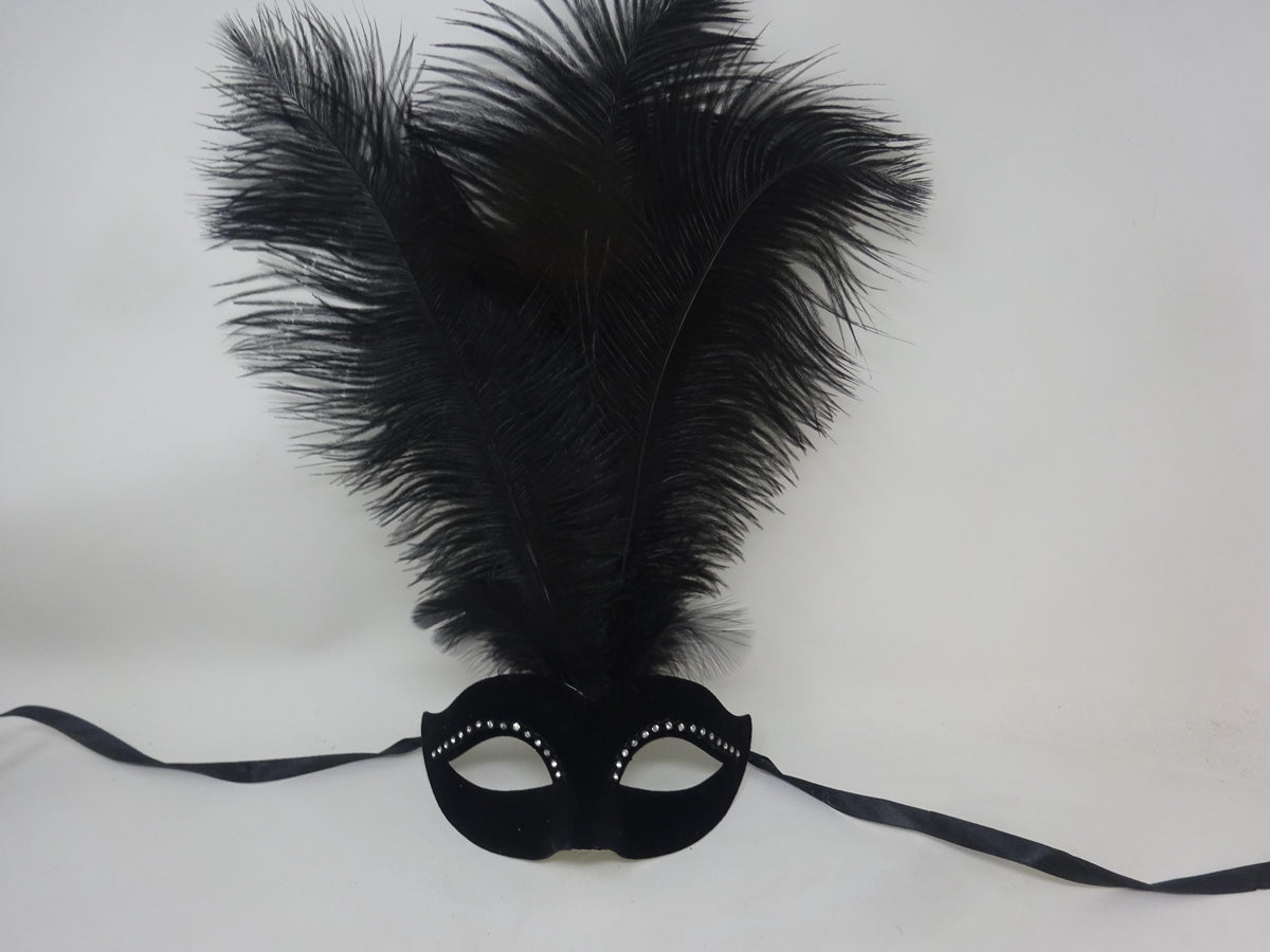 Stunning Black Velour Assorted Ostrich Feather Masquerade Party Ball Prom Eye Mask with Diamontes