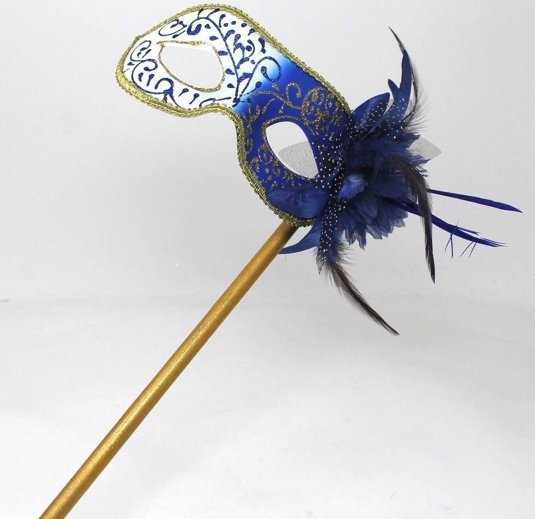 Stunning Blue and Gold with Flower Masquerade Mask on a Gold Stick