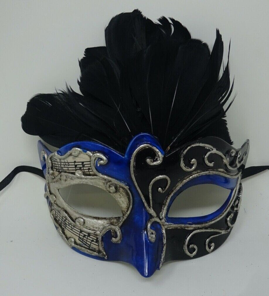Blue Silver and Black Musical Feather Masquerade Mask for Masked Ball with Musical Notes Script