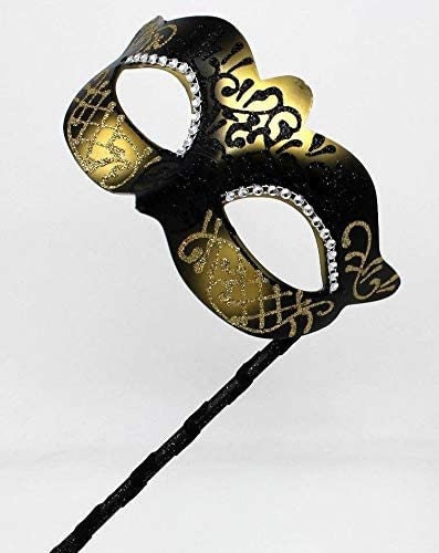 Hand Held Ladies Jewelled Glittering Black and Gold Masquerade Prom Party Ball Carnival Mask on a Stick