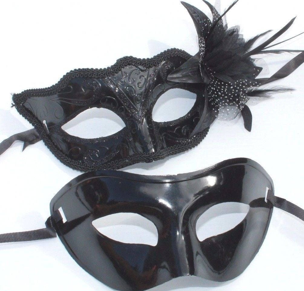 Shiny Black Pair of Male and Female Masquerade Masks