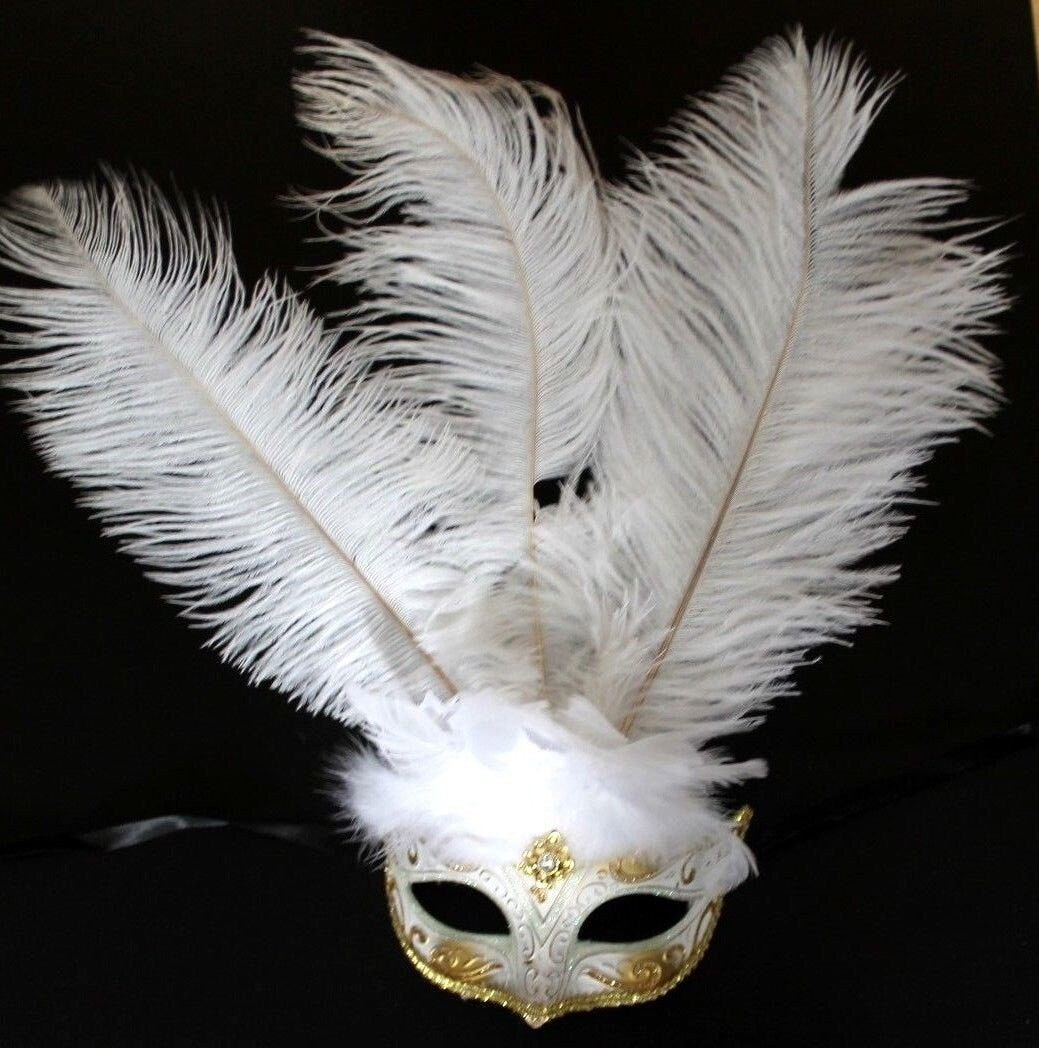 White and Gold Feather Masquerade Mask