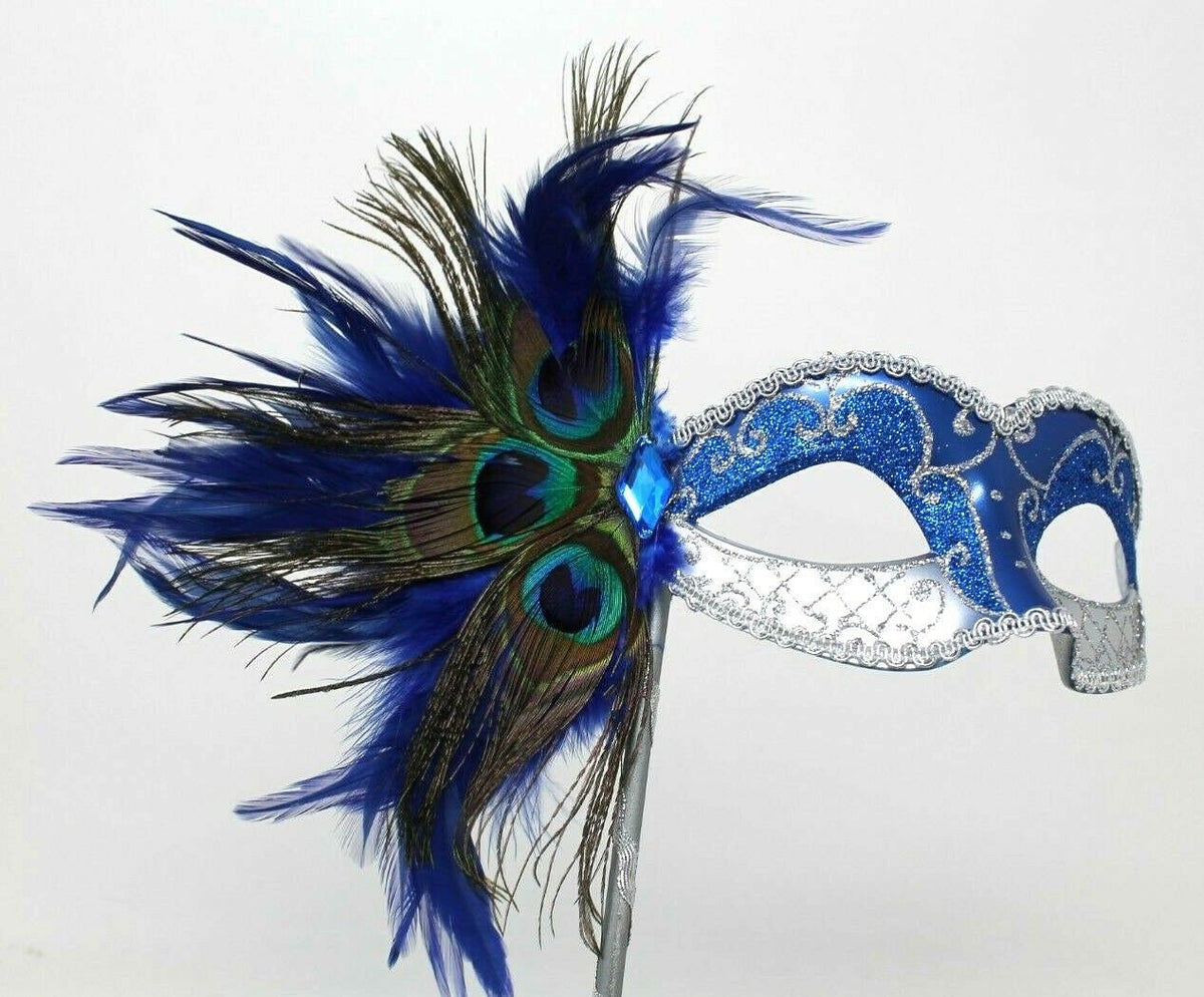Blue and Silver Peacock Mask on Stick