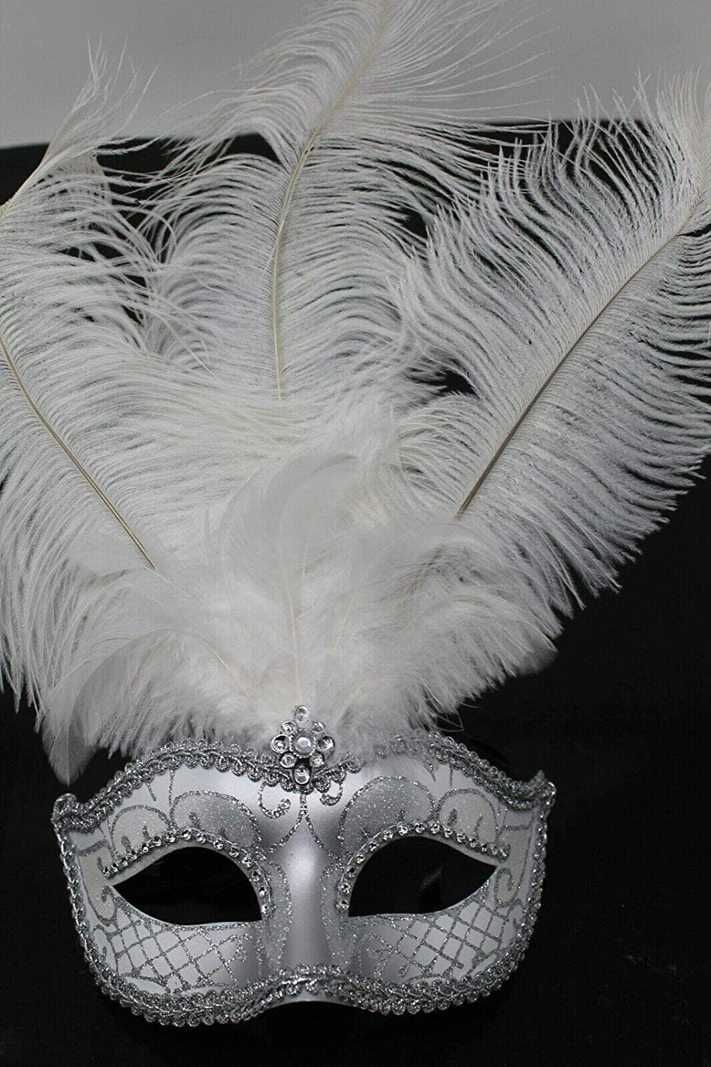 Ladies Stunning White and Silver Feather Masquerade Mask
