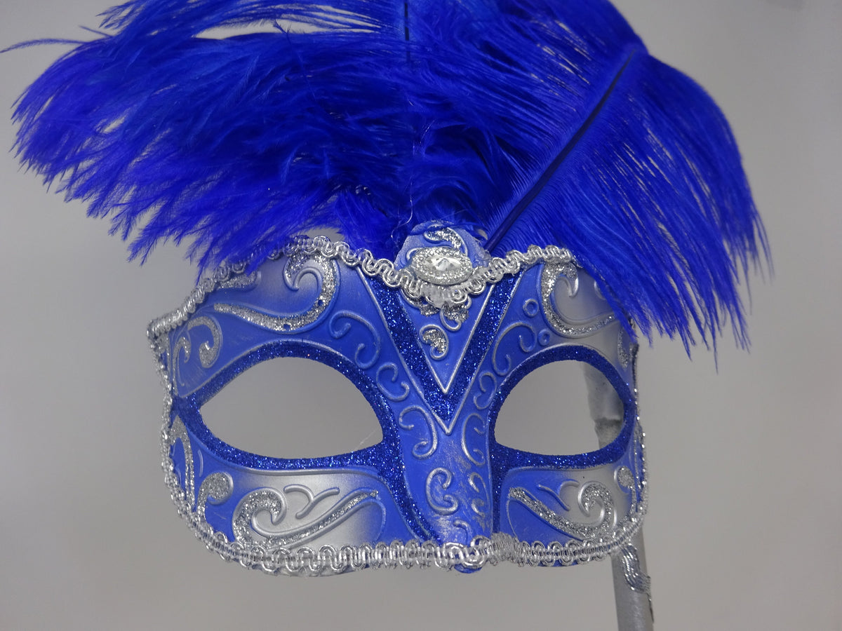 Blue and Silver Tall Feather Masquerade Party Carnival Ball Mask an a Hand Held Wooden Stick