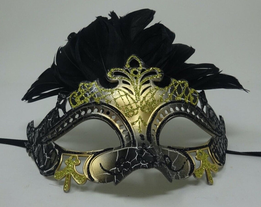 Black and Gold Rialto Masquerade Ball Carnival Party Mask with Feathers