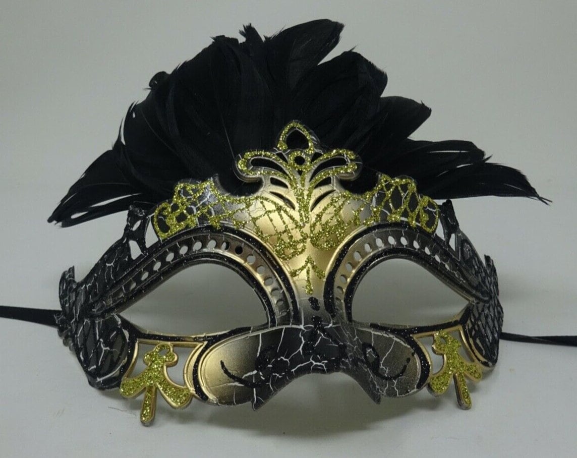 Black and Gold Rialto Masquerade Ball Carnival Party Mask with Feathers