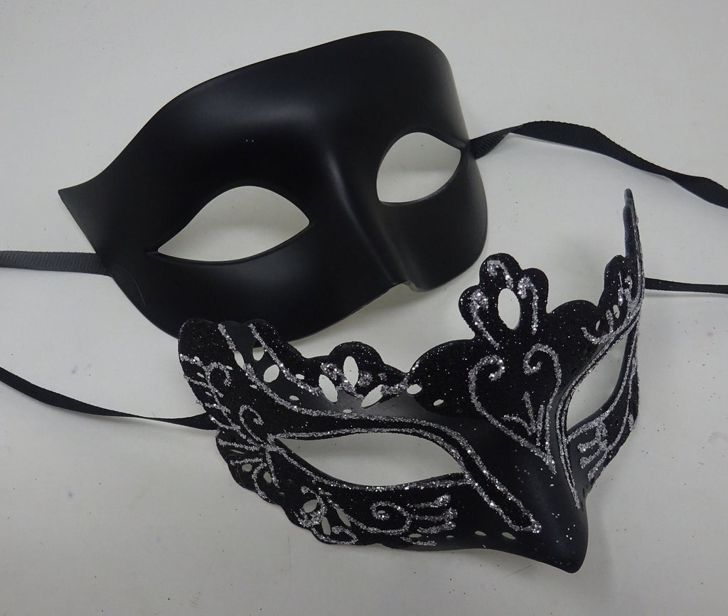Black and Silver Pair of Male and Female Couples Masquerade Party Ball Prom Masks