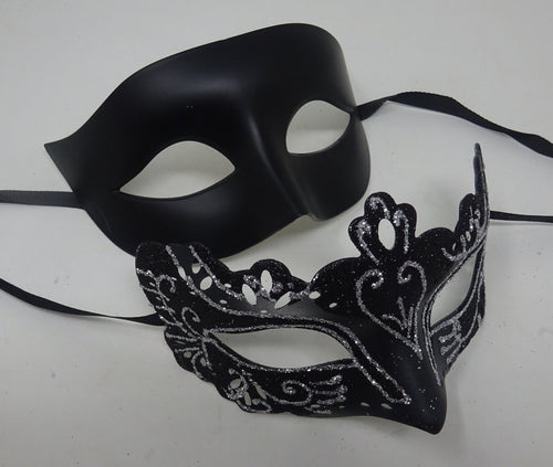 Black and Silver Pair of Male and Female Couples Masquerade Party Ball Prom Masks
