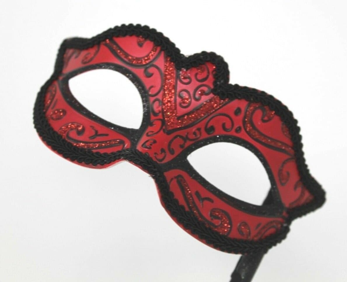 Red and Black Masquerade Mask on a Black Stick