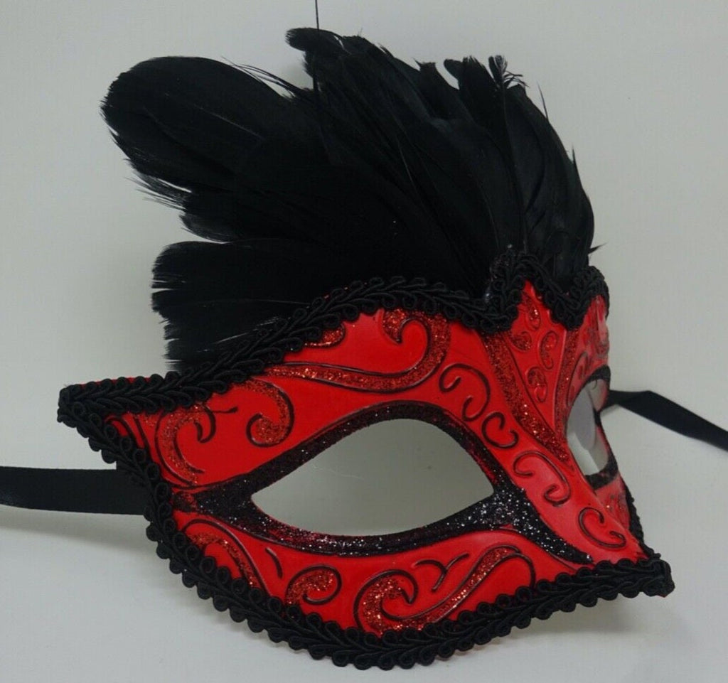 Red and Black Masquerade Eye Mask with Feathers for Party Prom Masked Ball