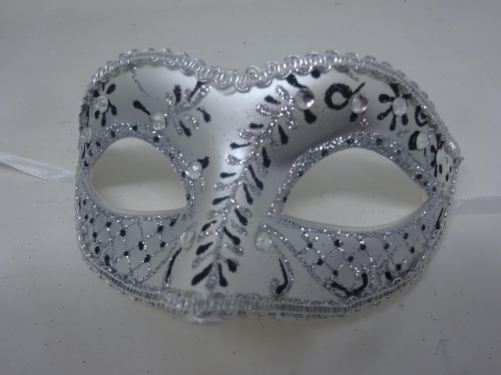 Black and Pearlised Silver Venetian Masquerade Party Ball Prom Eye Mask Adorned with Clear Jewels