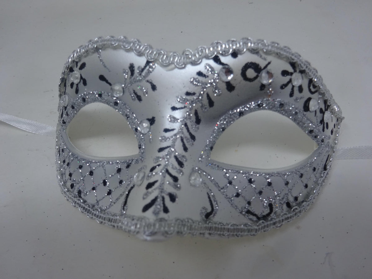 Black and Pearlised Silver Venetian Masquerade Party Ball Prom Eye Mask Adorned with Clear Jewels