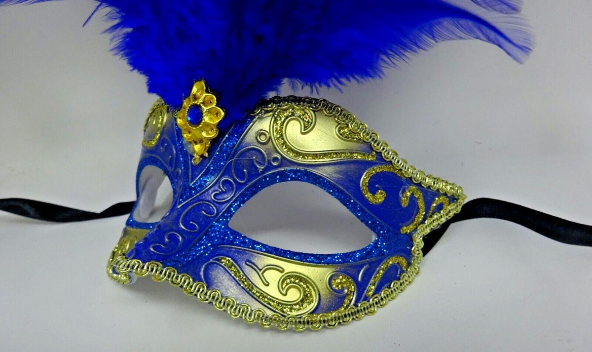 Blue and Gold Feather Masquerade Mask