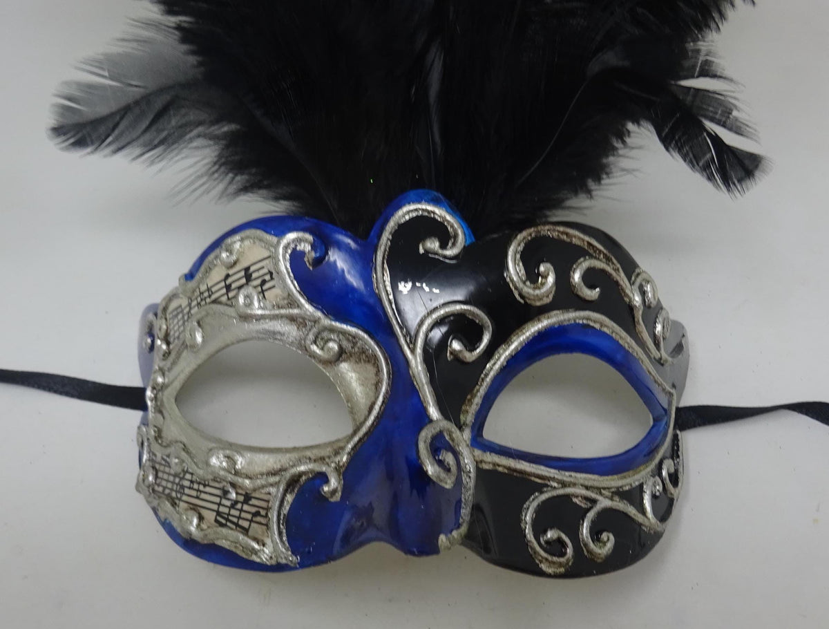 Blue Silver & Black Venetian Masquerade Ball Party Eye Musical Script Mask Long Black Feathers