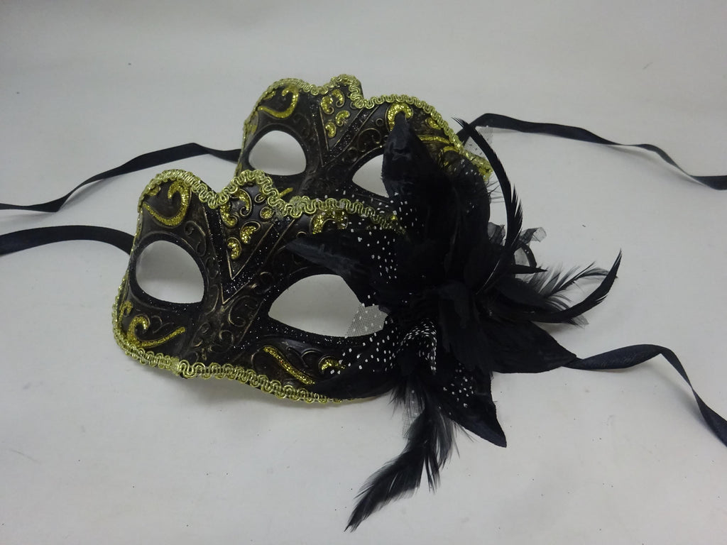 Pair of Couples His and Hers Masquerade Masks in Gold, Black and Bronze with Flower Detail