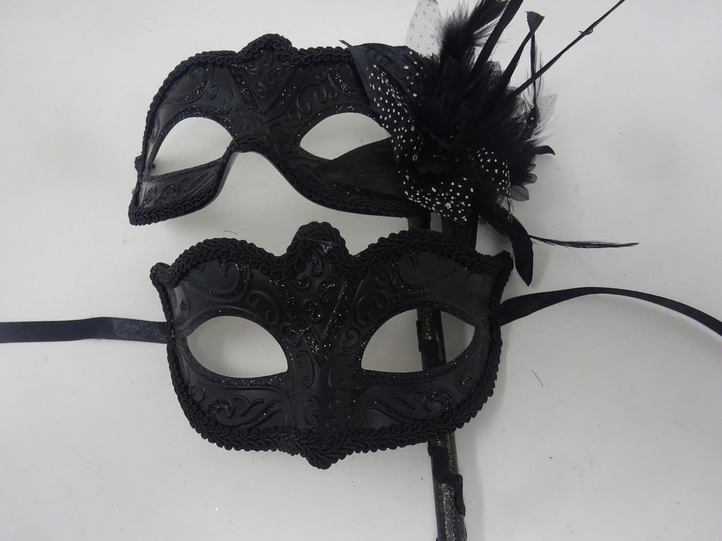 Black His n Hers Couples Masquerade Party Carnival Eye Masks with Flower and Stick