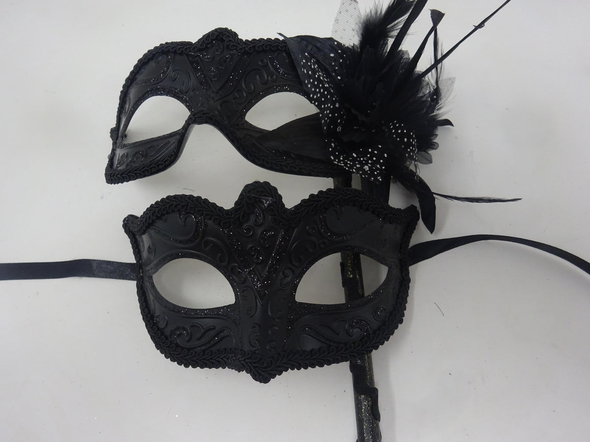 Black His n Hers Couples Masquerade Party Carnival Eye Masks with Flower and Stick