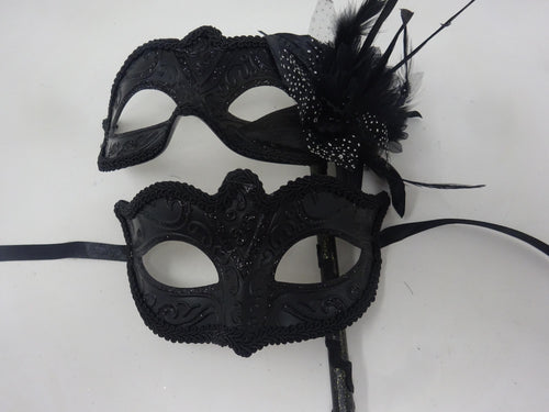 Black His n Hers Couples Masquerade Party Carnival Eye Masks with Flower and Stick