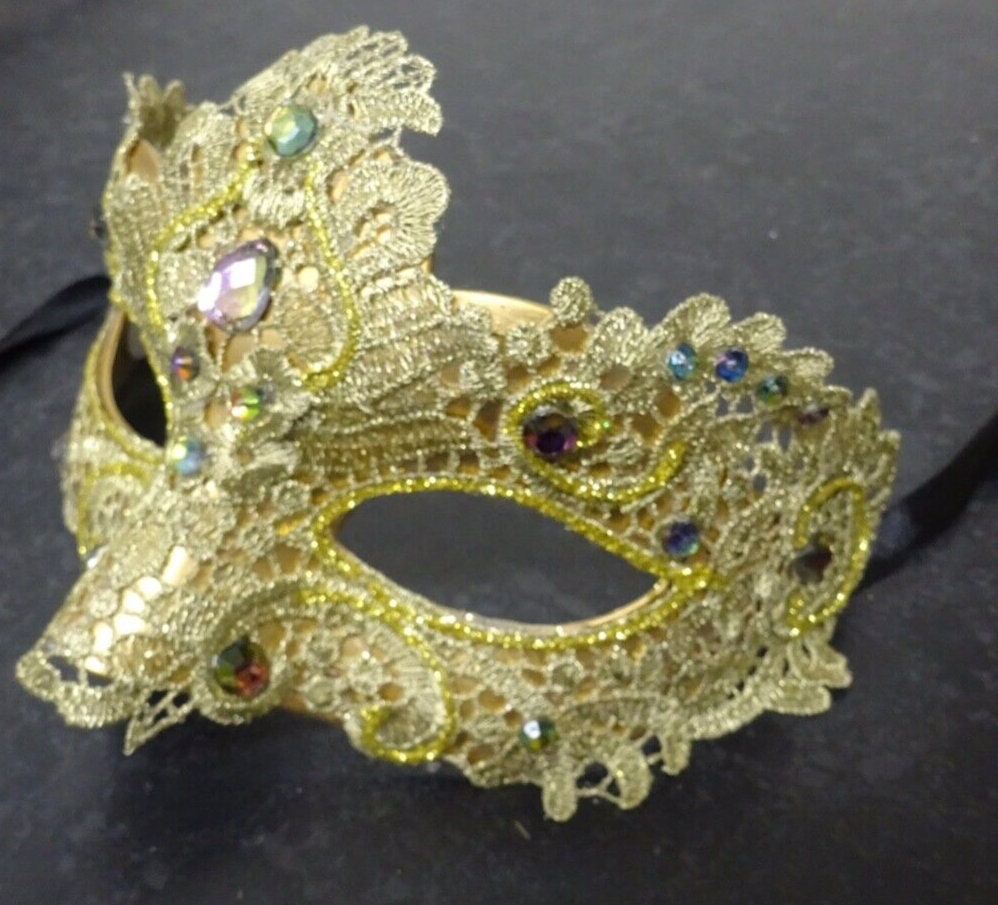 Gold/Champagne Brocade Lace Masquerade Mask with Multi-coloured Crystals