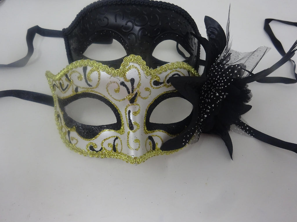 Straight Black and Gold Swirl Pair of Couples His and Hers Masquerade Masks