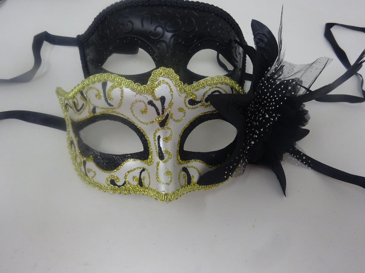 Straight Black and Gold Swirl Pair of Couples His and Hers Masquerade Masks
