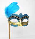 Turquoise and Gold Masquerade Mask on a Gold Stick with Side Feather