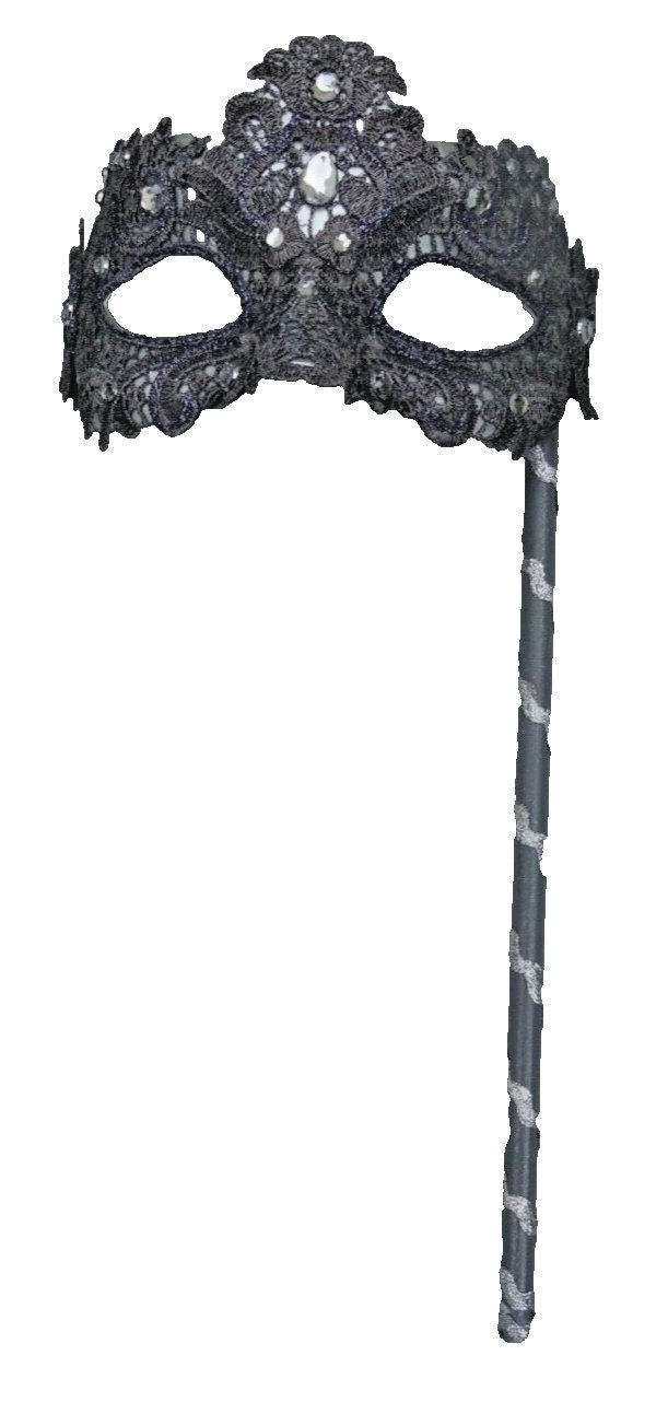 Hand Held Silver Grey Brocade Lace Masquerade Party Carnival Ball Mask on Stick