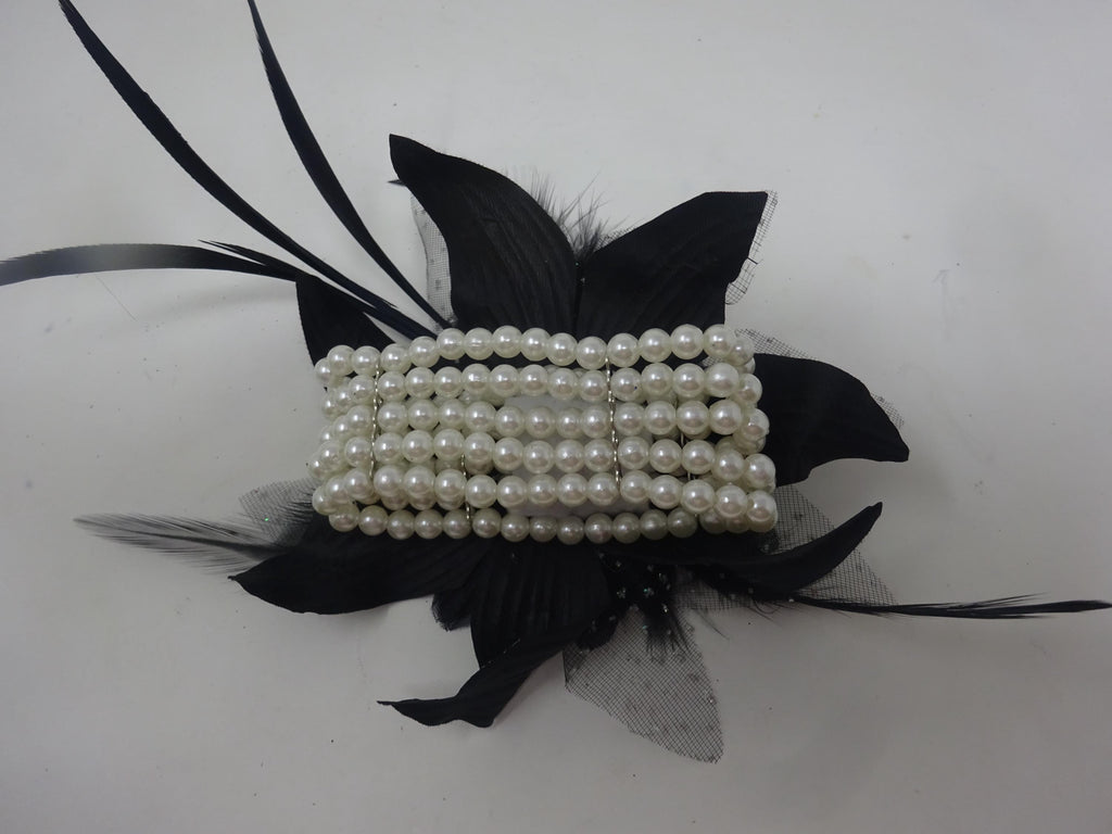 Black Flower Wrist Corsage on Beaded Bracelet with Fabric Flower with Feathers and Spotted Organza