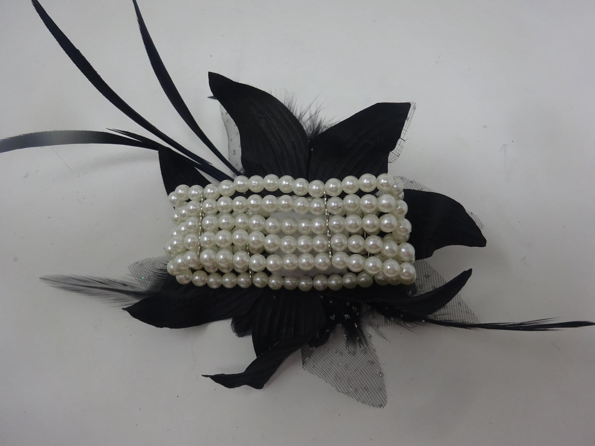 Black Flower Wrist Corsage on Beaded Bracelet with Fabric Flower with Feathers and Spotted Organza