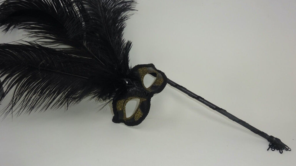 Ladies Black and Gold Masquerade Carnival Mask with Long Feathers and Centre Jewel