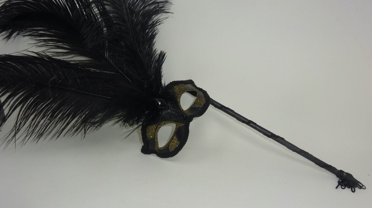 Ladies Black and Gold Masquerade Carnival Mask with Long Feathers and Centre Jewel