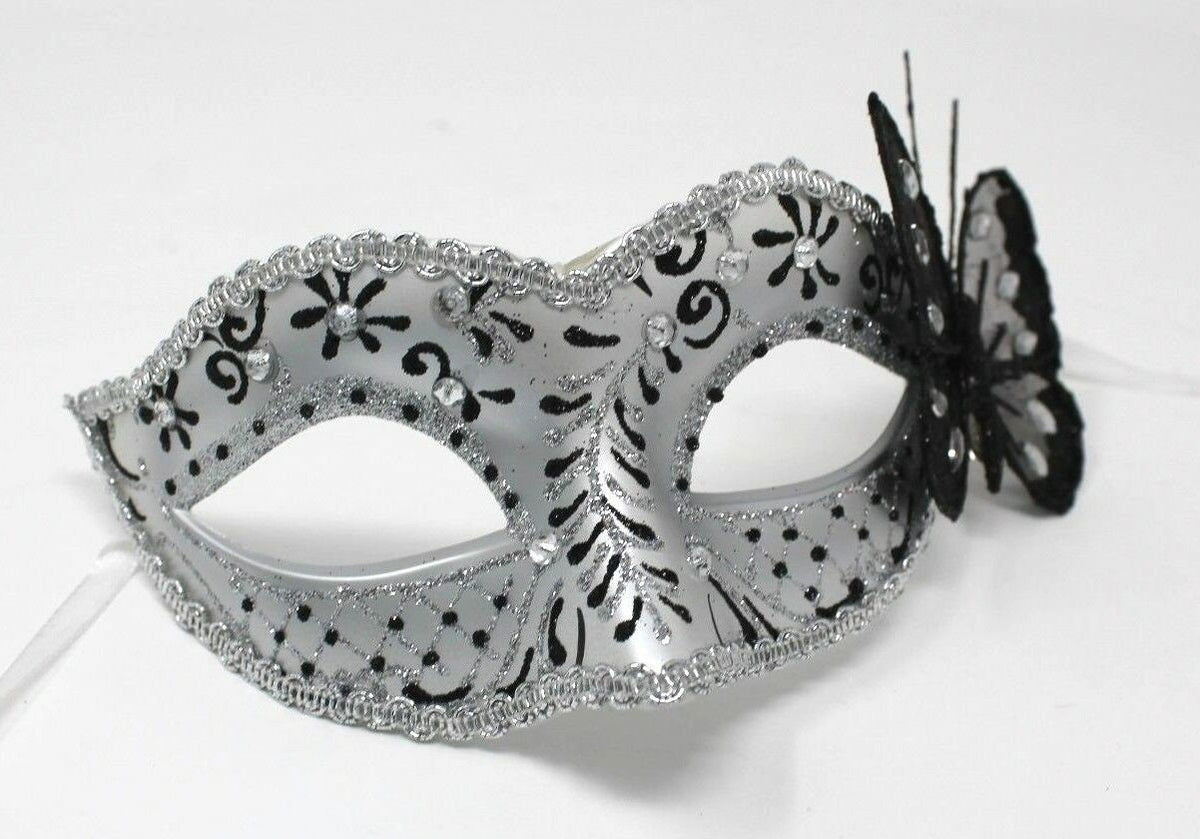 Black and Silver Jewelled Masquerade Mask with Sparkling Butterfly Detail