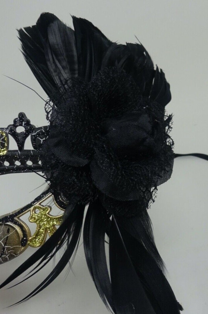 Black and Gold Rialto Masquerade Ball Carnival Party Mask with Flower and Feathers