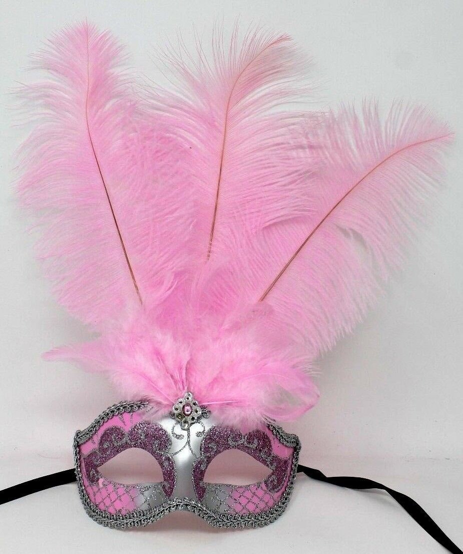 Ladies Baby Pink and Silver Feather Masquerade Carnival Party Ball Mask