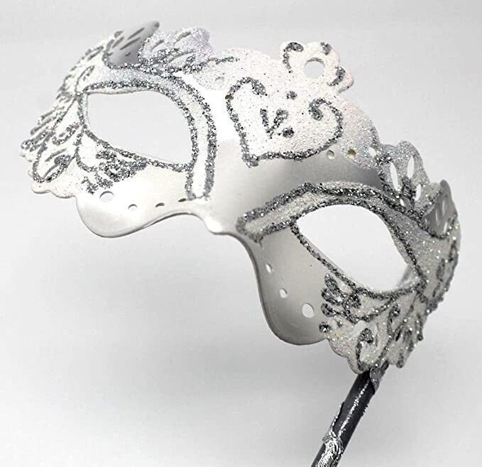 Ladies White and Silver Masquerade Party Carnival Ball Mask Hand Held on a Wooden Stick