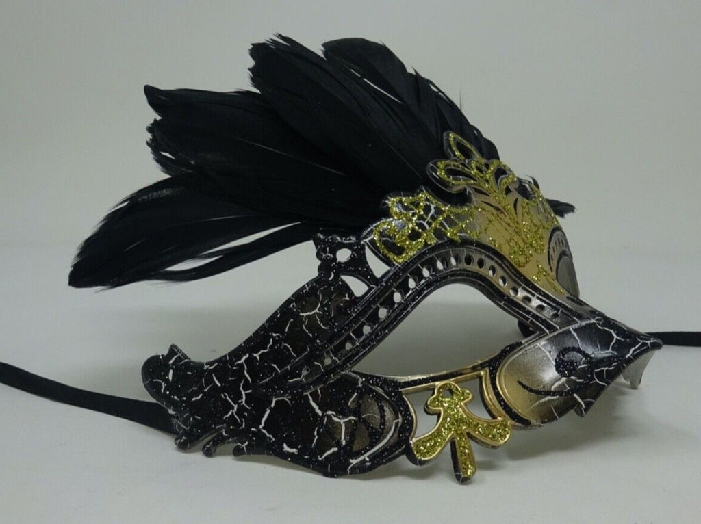 Black and Gold Rialto Masquerade Ball Carnival Party Mask with Feathers