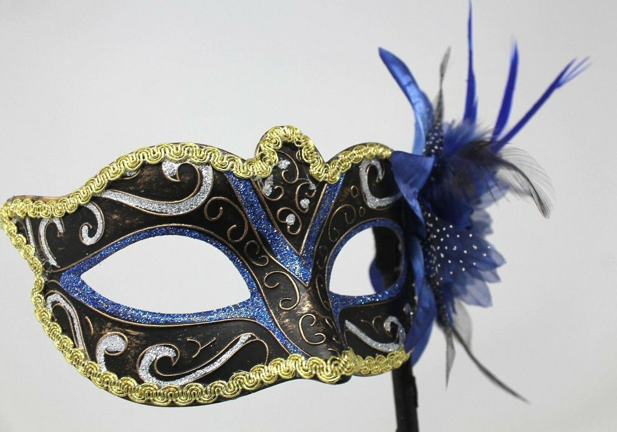 Stunning Blue, Black, Bronze Silver and Gold Masquerade Mask on a Black Stick with Flower