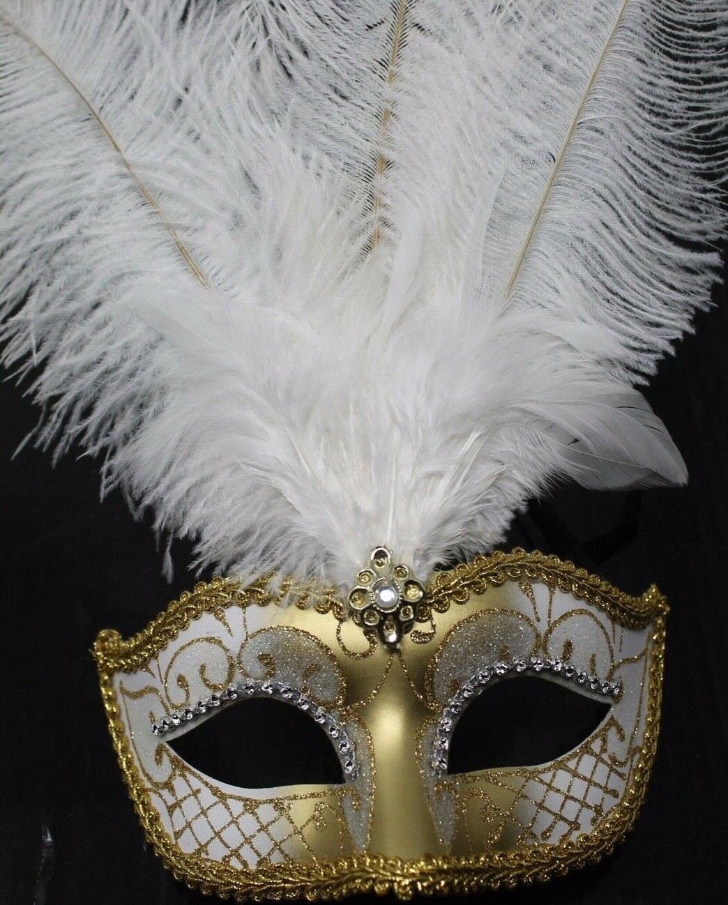 White and Gold Feather Masquerade Party Ball Carnival Mask
